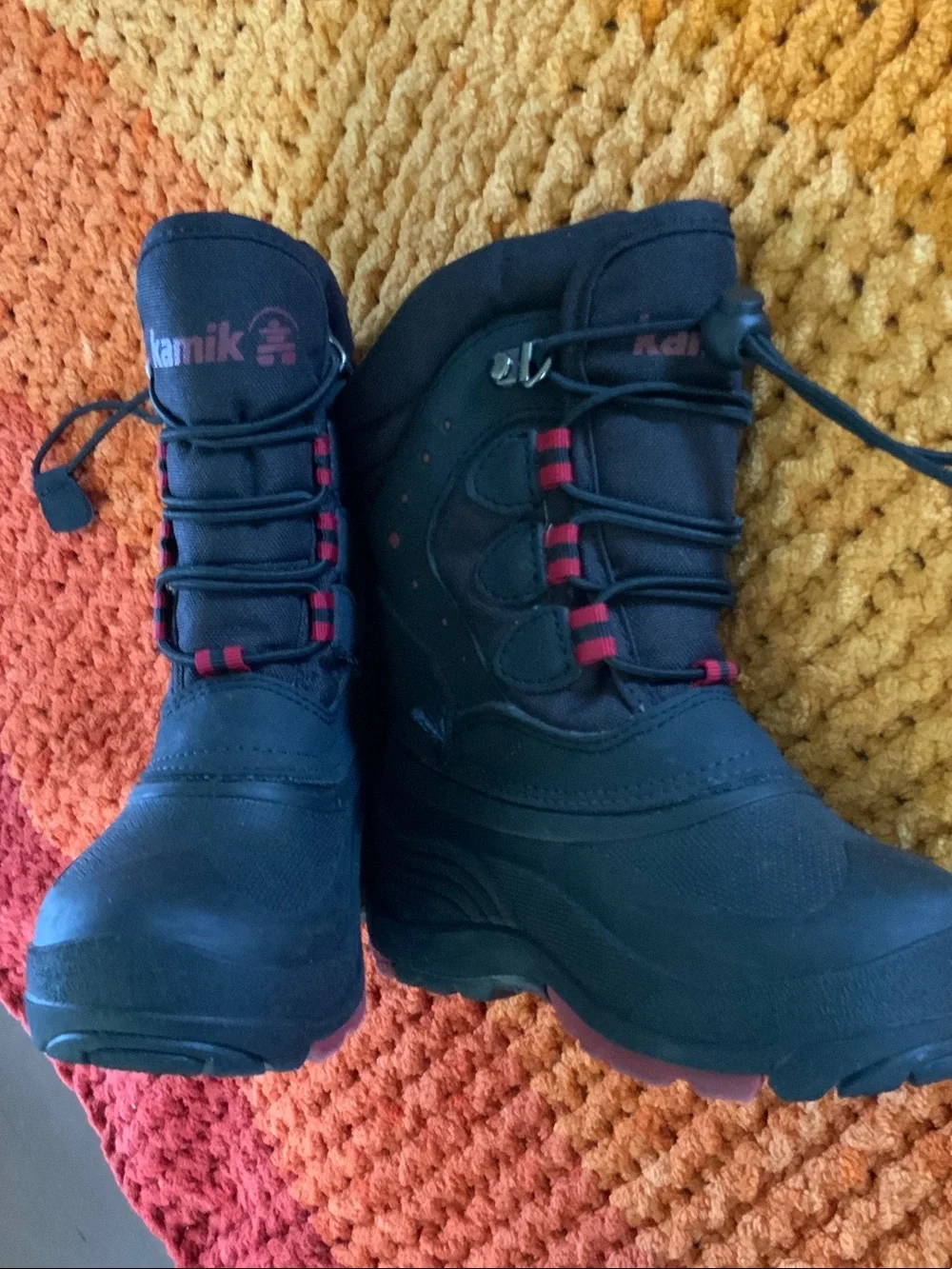 Kamik Black Kids Snow Boots with Red Accents